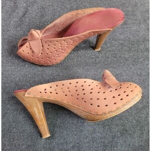 Vintage 60s 70s Leather Mule Heels Bow Maeve Tan‎ High Heels Size 7 6.5 7.5